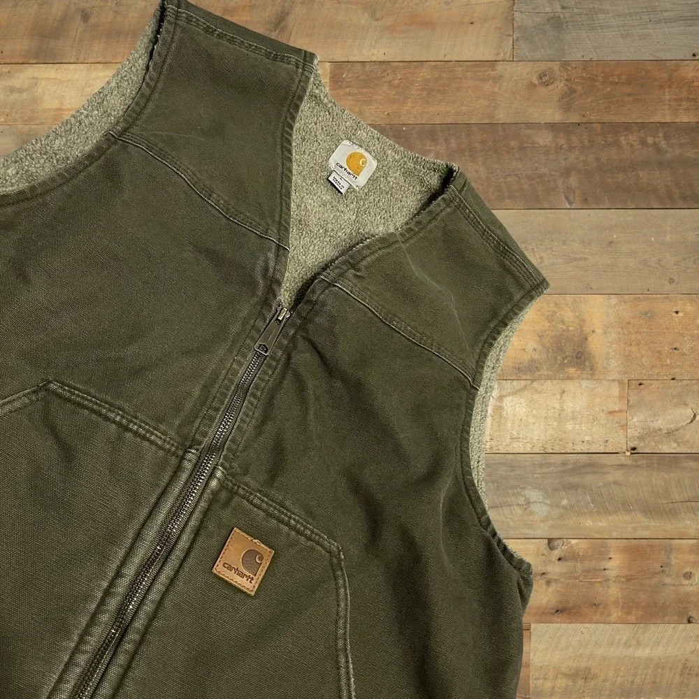 Vintage Y2K Carhartt Vest Sherpa Lined Olive Green Large - Picture 2 of 4